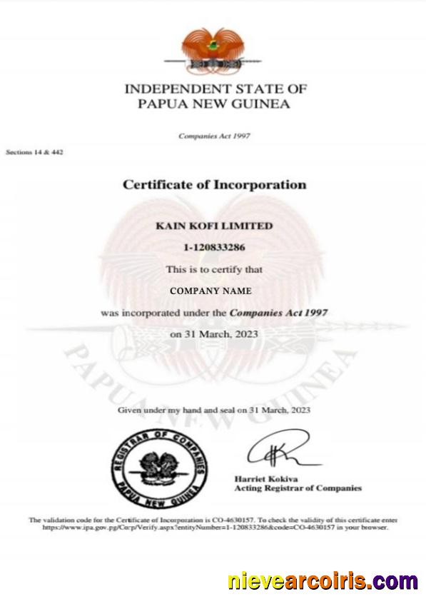 Papua New Guinea Certificate of Incorporation